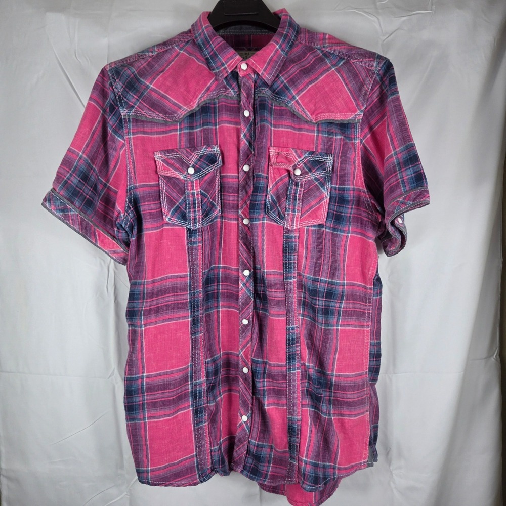 BKE Vintage Mens XL Pink Plaid Western Pearl Snap Short Sleeve Shirt - Picture 3 of 13
